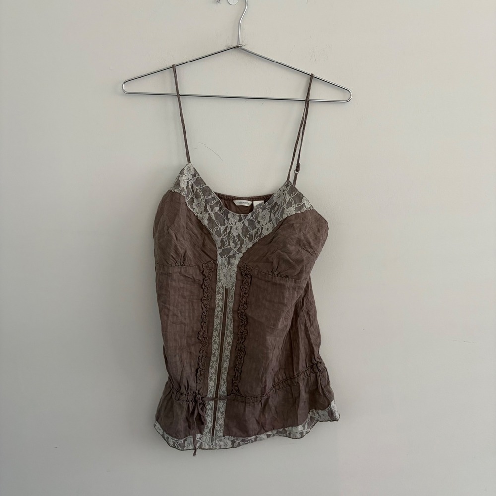 Maurices Brown Lace Trim Cami Top Cotton Ruffle Boho Fairycore Large